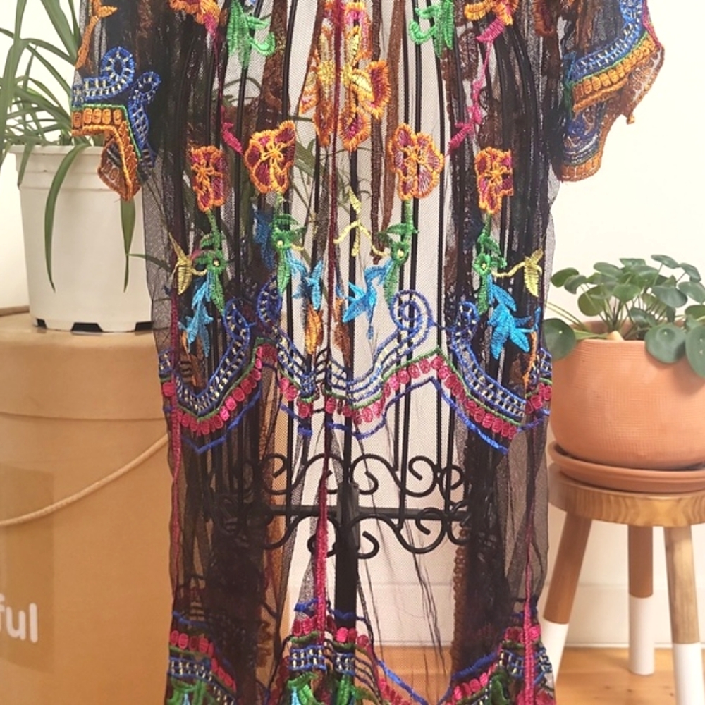 Pink and Black Kimono Swim Coverup with Dramatic Sleeves - Picture 8 of 15
